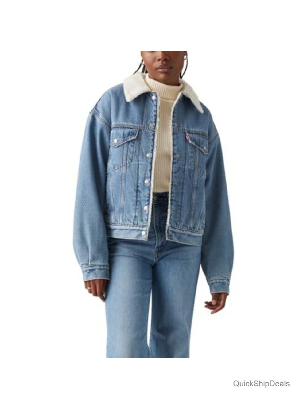 90s Sherpa Trucker Jacket Cotton Denim Aviator Style Long Sleeve